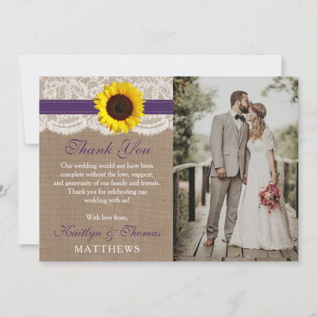 The Rustic Sunflower Wedding Collection - Purple Thank You Card (Front)