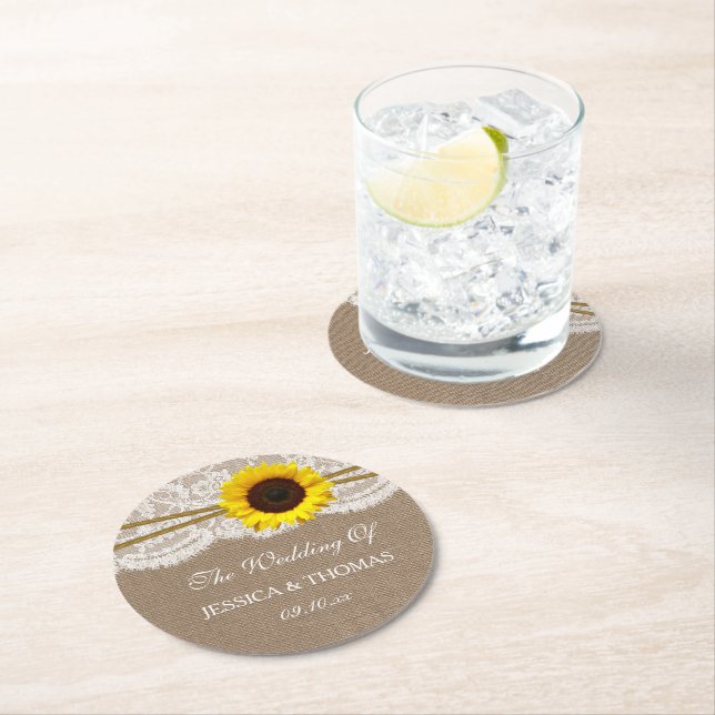 The Rustic Sunflower Wedding Collection Round Paper Coaster (Insitu)