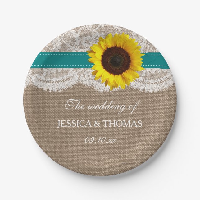 The Rustic Sunflower Wedding Collection - Teal Paper Plates (Front)