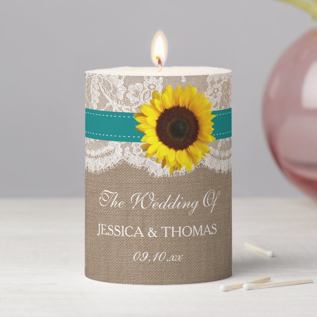 The Rustic Sunflower Wedding Collection - Teal Pillar Candle (In Situ)