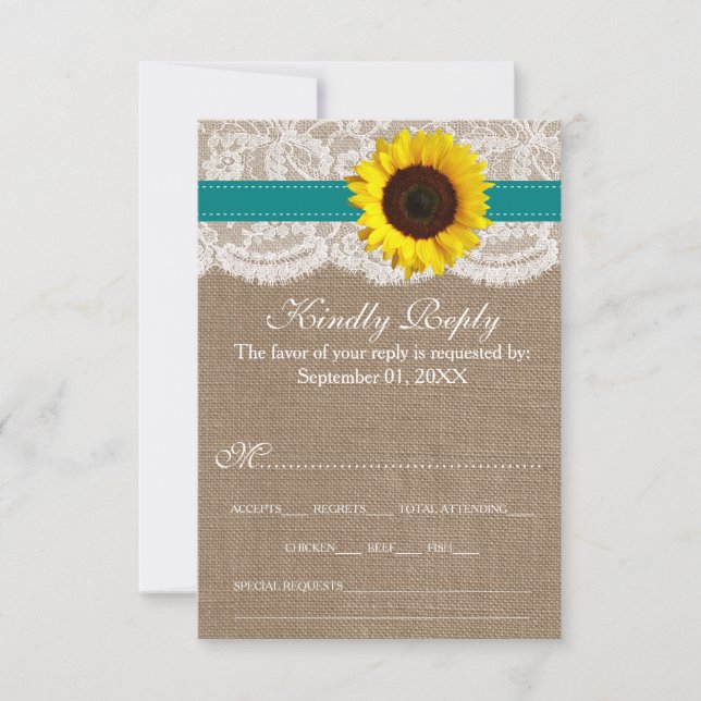 The Rustic Sunflower Wedding Collection - Teal RSVP Card (Front)