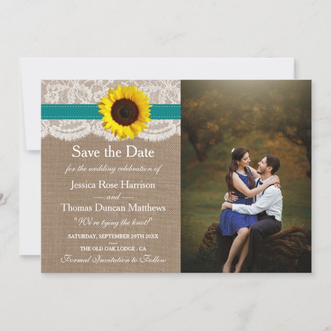 The Rustic Sunflower Wedding Collection - Teal Save The Date (Front)