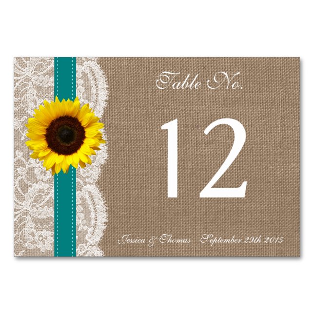 The Rustic Sunflower Wedding Collection - Teal Table Number (Front)