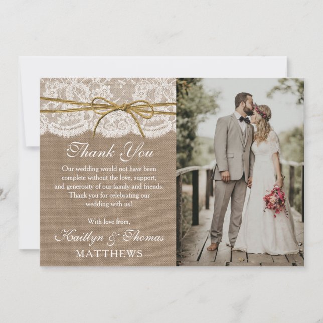 The Rustic Twine Bow Wedding Collection Photo Thank You Card (Front)