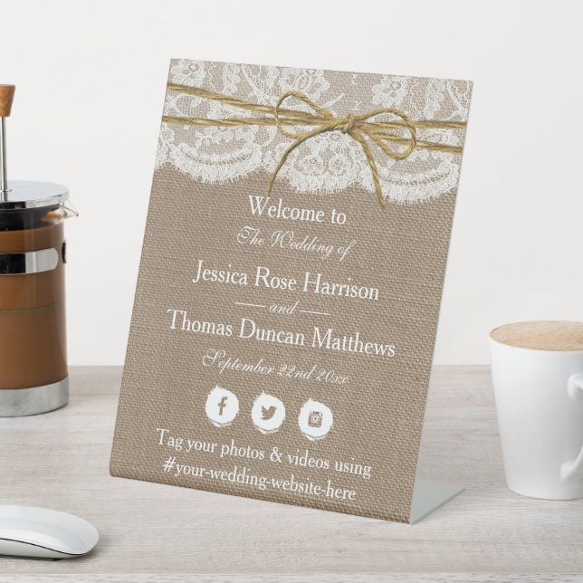 The Rustic Twine Bow Wedding Collection Welcome Pedestal Sign (In SItu)