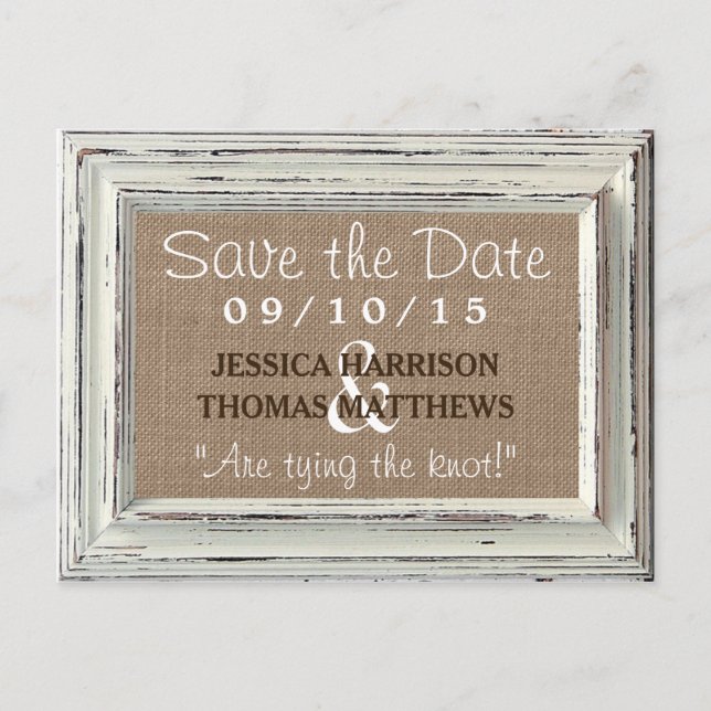 The Rustic White Frame & Burlap Wedding Collection Announcement Postcard (Front)