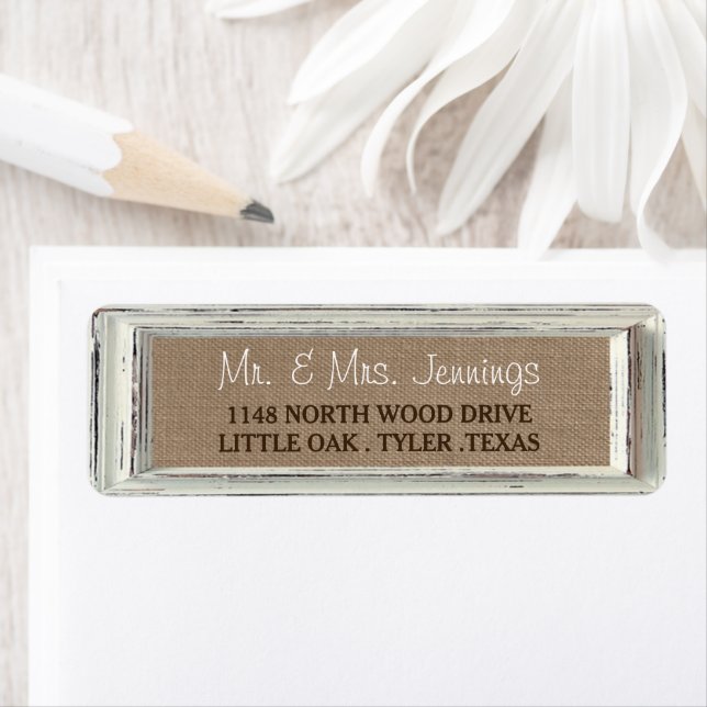 The Rustic White Frame & Burlap Wedding Collection Label (Insitu)