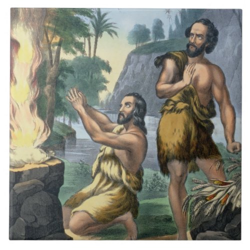 The Sacrifice of Cain and Abel from a bible print Ceramic Tile