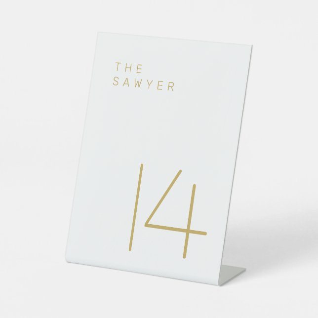 The Sawyer 14 Gold and White Table Number Pedestal Sign (Front)