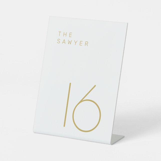The Sawyer 16 Gold and White Table Number Pedestal Sign (Front)