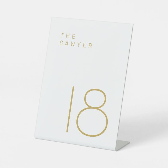The Sawyer 18 Gold and White Table Number Pedestal Sign (Front)