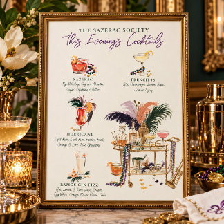 The Sazerac Society Mardi Gras Cocktail Menu Poster