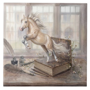The Scholar Horse Leaping from a Book Ceramic Tile