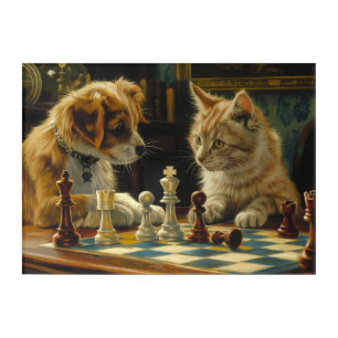 The Scholars' Standoff Cat and Dog Playing Chess Acrylic Print