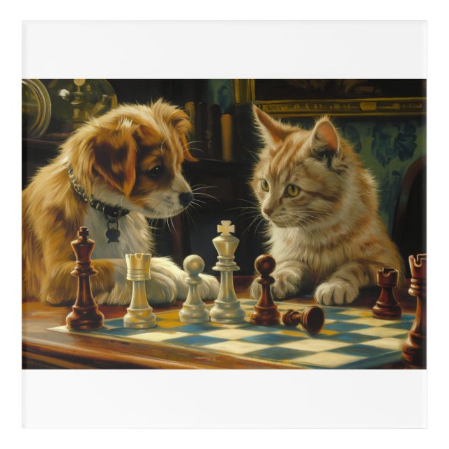 The Scholars' Standoff | Cat and Dog Playing Chess Acrylic Print (Front)