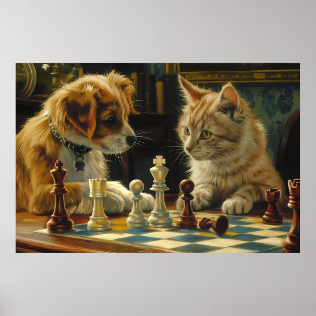 The Scholars' Standoff | Cat and Dog Playing Chess Poster (Front)