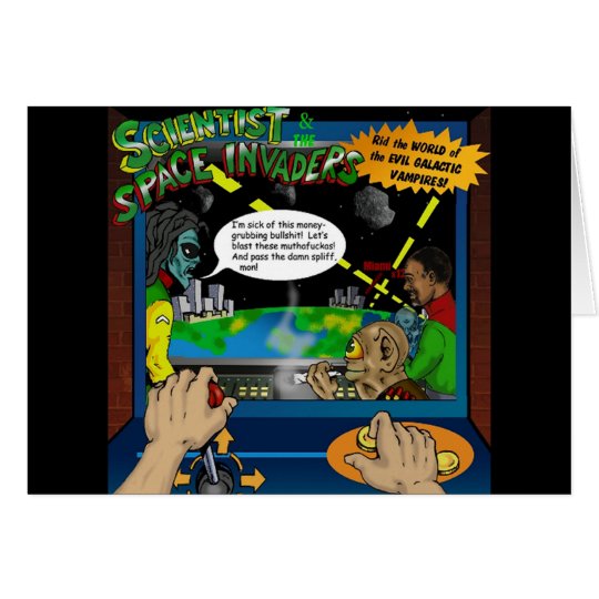 The Scientist And The Space Invaders Greeting Card