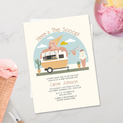 The Scoop Ice Cream Camper Light Pink Baby Shower Invitation