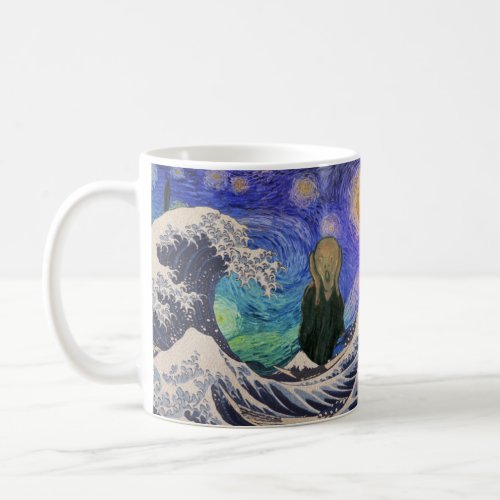 The Scream at The Great Wave Starry Night Coffee Mug