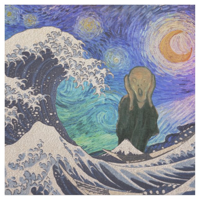 The Scream at The Great Wave Starry Night Fabric (Close Up)