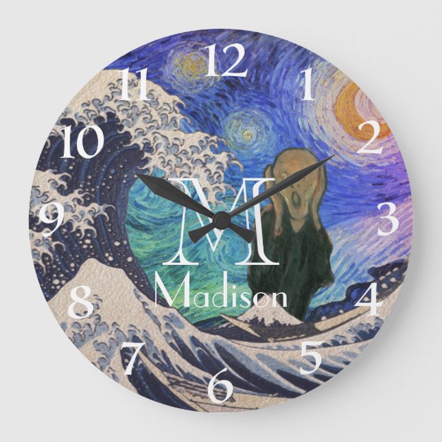 The Scream at The Great Wave Starry Night Large Clock (Front)