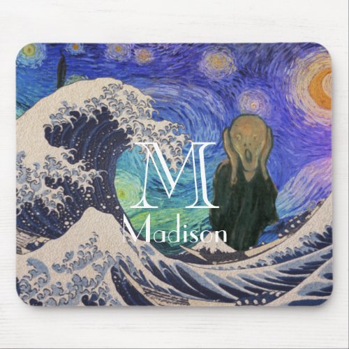 The Scream at The Great Wave Starry Night Mouse Pad