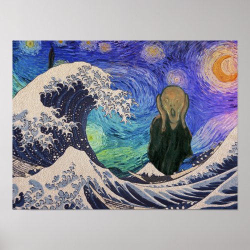 The Scream at The Great Wave Starry Night Poster