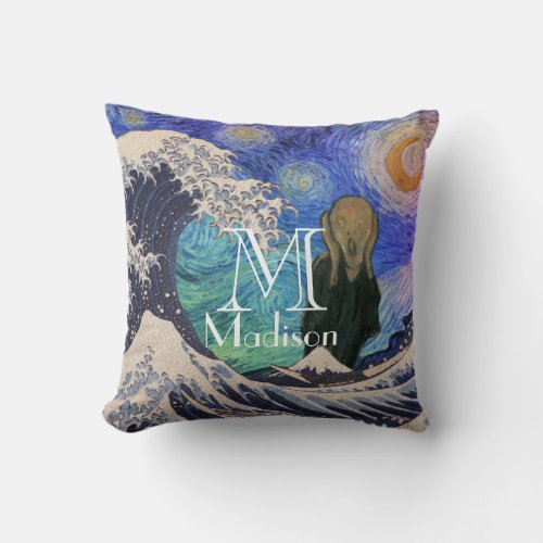 The Scream at The Great Wave Starry Night Throw Pillow