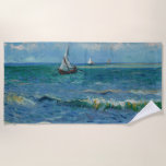 The Sea at Les Saintes Maries de la Mer | Van Gogh Beach Towel<br><div class="desc">The Sea at Les Saintes-Maries-de-la-Mer depicts three boats floating on a calm sea with special attention to light and color. A fisherman is visible guiding the boat in the painting’s foreground. The painting’s high horizon places emphasis on the vast sea, with varying shades of blue and green standing out against...</div>
