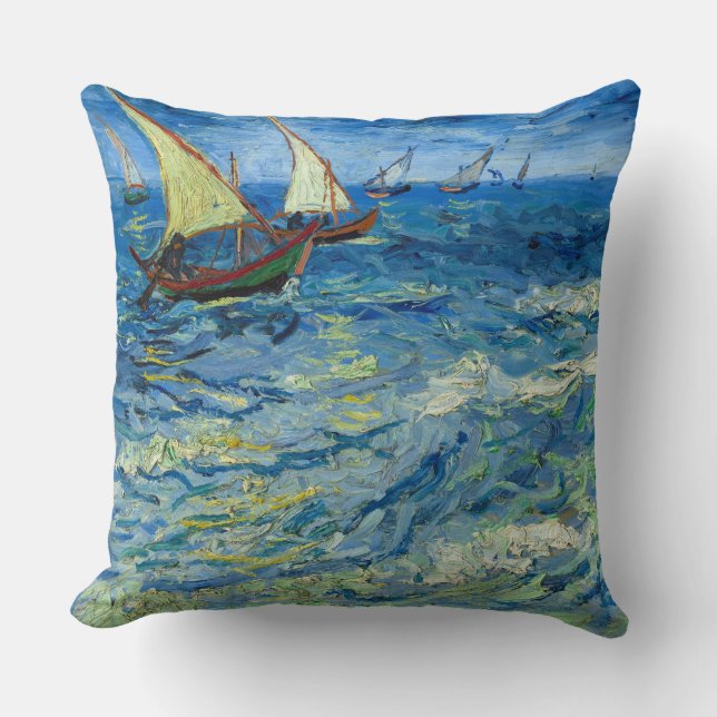 The Sea at Saintes-Maries by Vincent van Gogh Throw Pillow (Front)