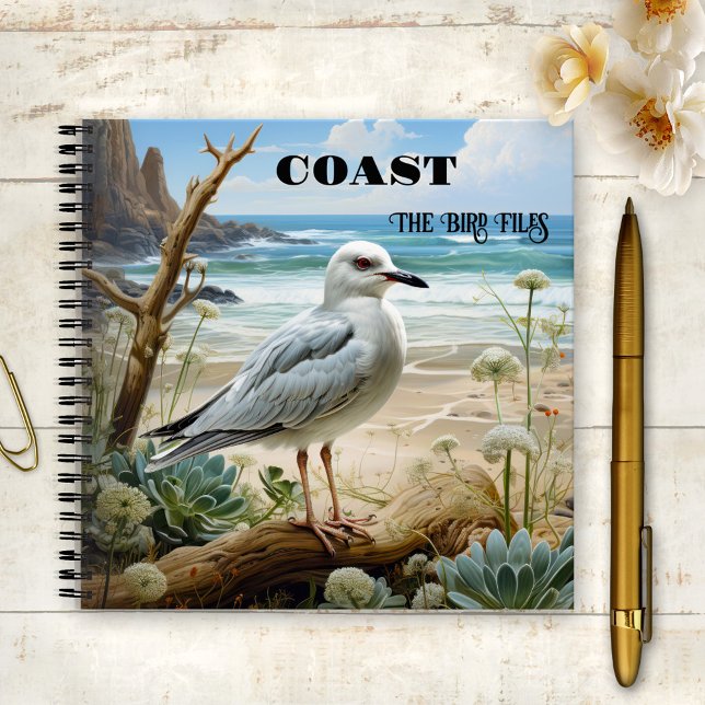 The Seagull Coast Bird Files Notebook (Notebook featuring a painting of a seagull overlooking a beach and ocean - beach house - bird watch)