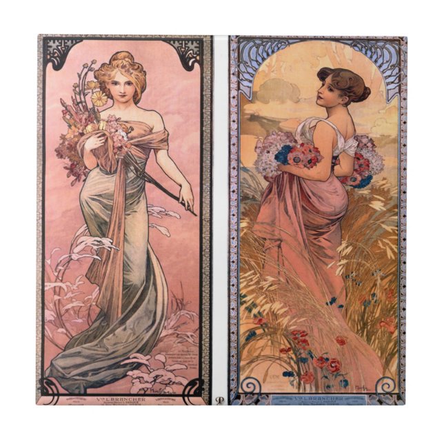 The seasons (Spring, Summer) Alphonse Mucha Ceramic Tile (Front)