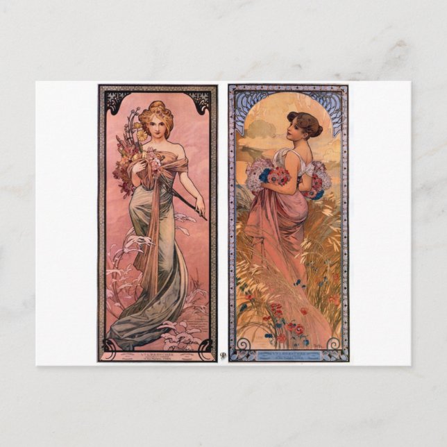 The seasons (Spring, Summer) by Alphonse Mucha Postcard (Front)