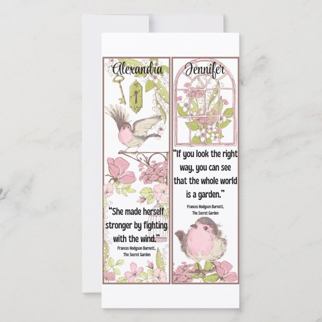 The Secret Garden Book Quotes Cute Birds Bookmarks Card (Front)