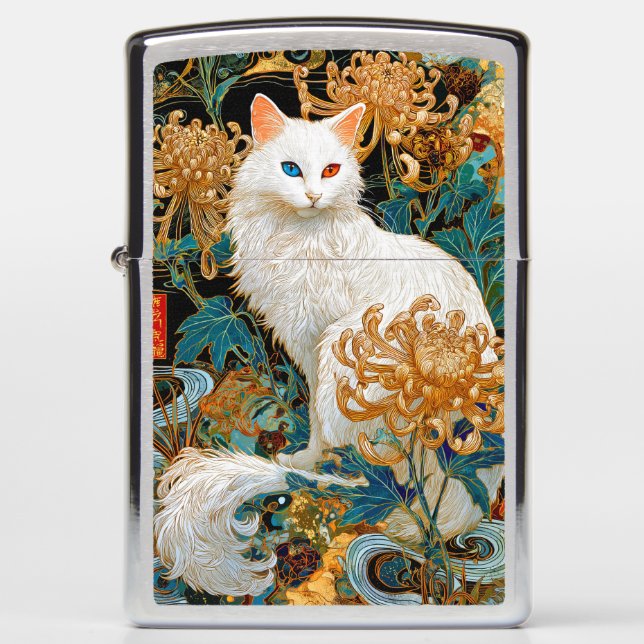 The Serene Chrysanthemum Cat | Rinpa Style Zippo Lighter (Front)