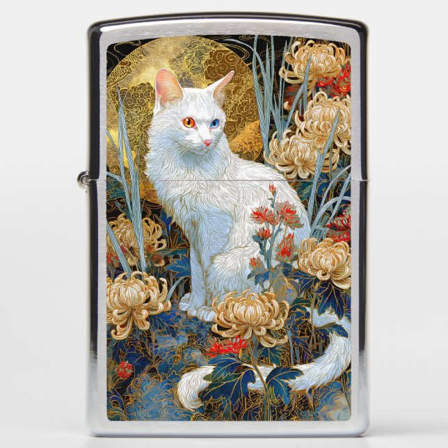 The Serene Chrysanthemum Cat | Rinpa Style Zippo Lighter (Front)
