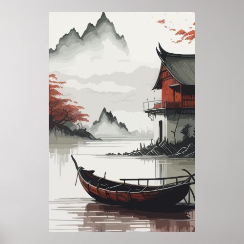 The Serenity of Nature Muted Chinese Ink Painting Poster