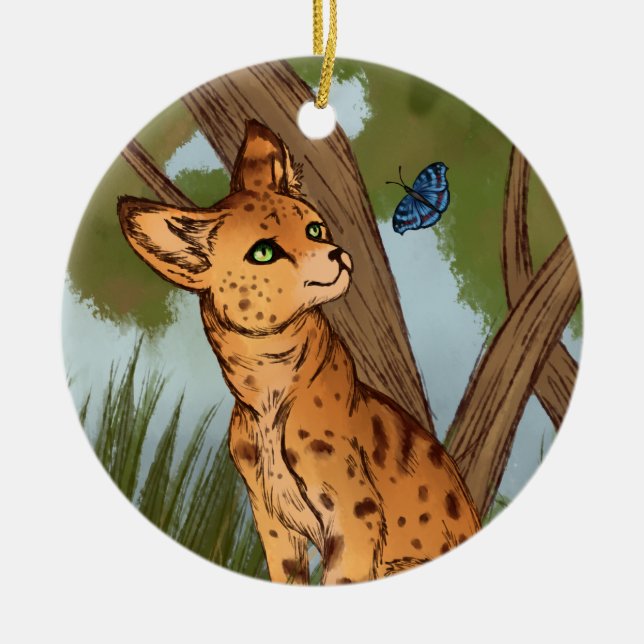 The Serval and the Butterfly Ceramic Ornament (Front)