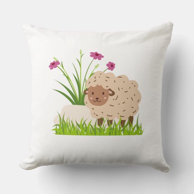 The Sheep and Grass Cozy Throw Pillow (Front)