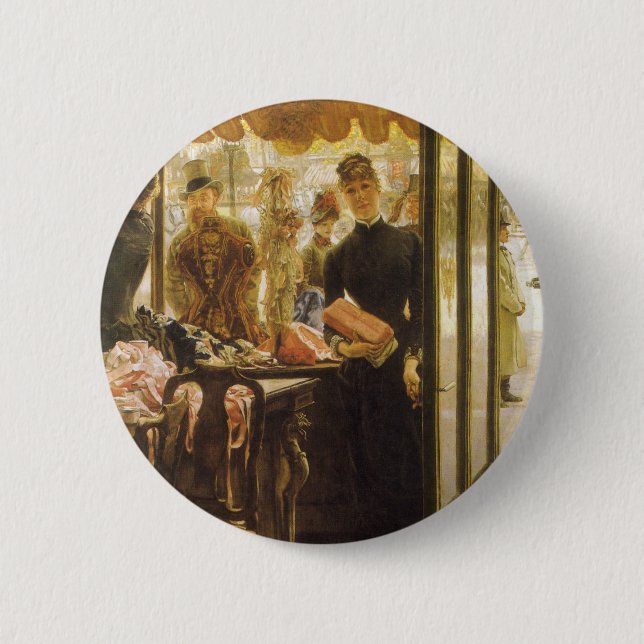 The Shop Girl by James Tissot, Victorian Fine Art Pinback Button (Front)