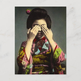 The Shy Geisha Vintage Old Japan Hand Colored Postcard