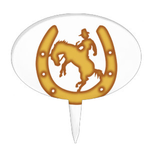 The sign with a cowboy and horseshoes cake topper