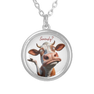 The Silly Cow - "Seriously?" Funny Quote Design Silver Plated Necklace