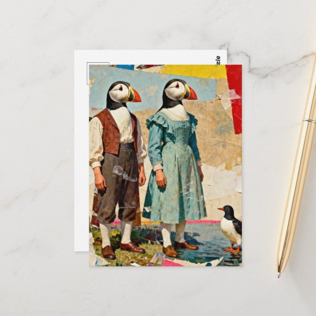 The Silly Puffin Couple Collage Postcard (Front/Back In Situ)