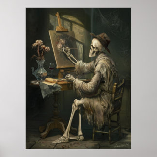 The skeleton paints a still life poster