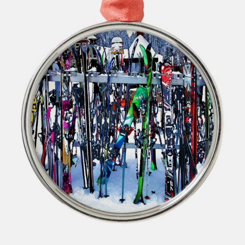 The Ski Party _ Skis and Poles Metal Ornament