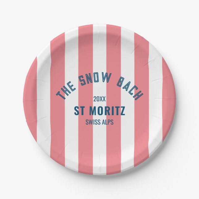 The Snow Bach Pink Cabana Stripe Bachelorette Paper Plates (Front)