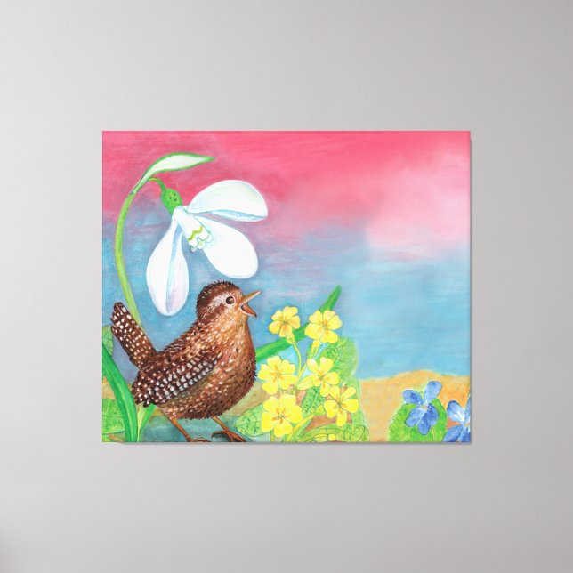 The snowdrop and the wren bird summon the spring  canvas print (Front)