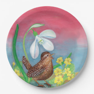 The snowdrop and the wren bird summon the spring paper plates