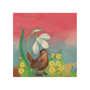 The snowdrop and the wren bird summon the spring  wood wall art